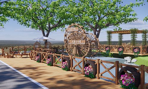 Modern Park Village Entrance Landscape Beautiful Rural Waterwheel Landscape Outdoor Umbrella Seat Ecological Railing Rattan Corridor Cultural Node 3d model