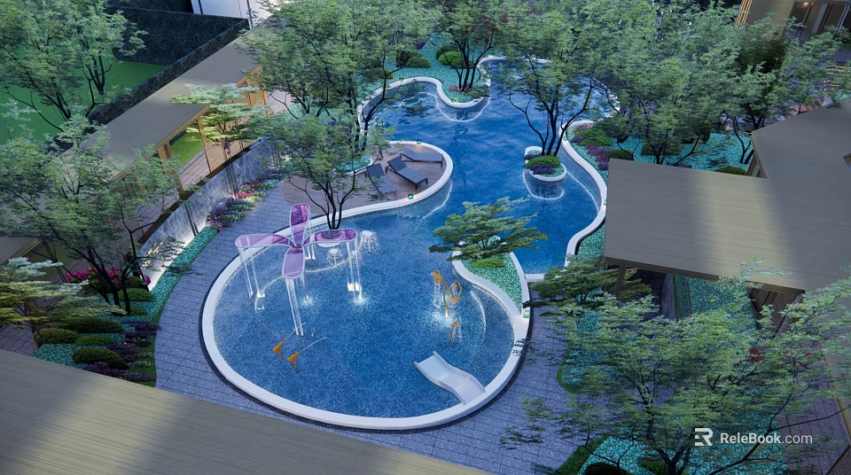 Stunning Garden Landscape Design With Curved Pool Lush Trees And Leisure Areas 3d model 