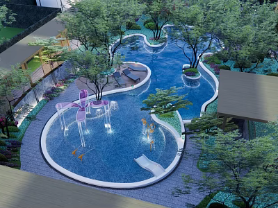 Stunning Garden Landscape Design With Curved Pool Lush Trees And Leisure Areas 3d model