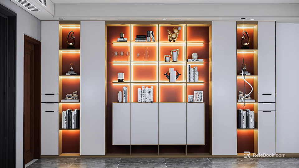 Modern Bookcase Interior Design With LED Lighting Open Shelves And Decorative Items 3d model 