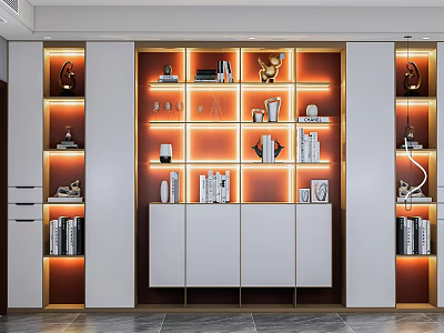 Modern Bookcase Interior Design With LED Lighting Open Shelves And Decorative Items 3d model