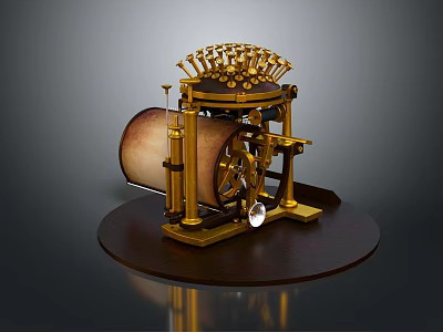 Ornate Golden Mechanical Model With Scroll Drum Gear Wheels And Wooden Base 3d model