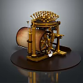 Ornate Golden Mechanical Model With Scroll Drum Gear Wheels And Wooden Base