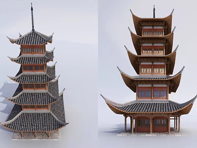 Traditional Chinese Wooden Tower With Multi Layered Structure Overhanging Eaves And Black Tiles 3d model