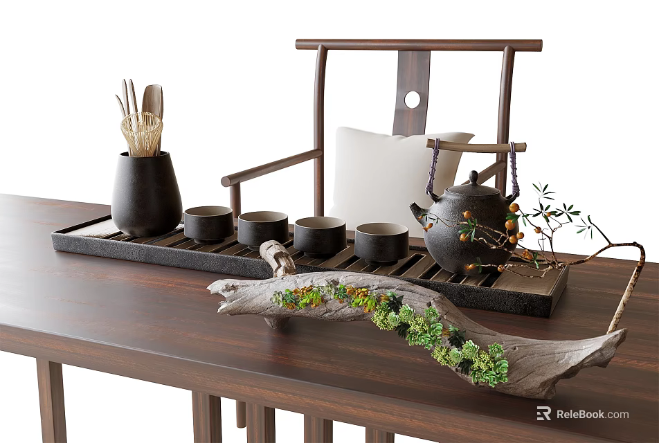 Natural Wooden Tea Set With Teapot Teacups And Tray On Wooden Table With Decorative Plants 3d model 