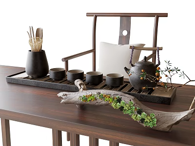 Natural Wooden Tea Set With Teapot Teacups And Tray On Wooden Table With Decorative Plants 3d model