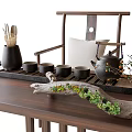 Natural Wooden Tea Set With Teapot Teacups And Tray On Wooden Table With Decorative Plants