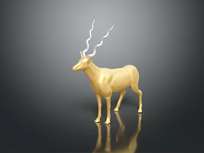 Golden Deer Figurine With White Curved Antlers On Black Surface And Reflection 3d model