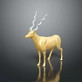 Golden Deer Figurine With White Curved Antlers On Black Surface And Reflection
