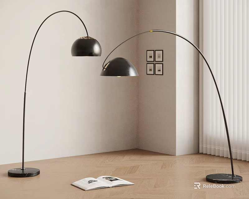 Black Arched Floor Lamps with Round Base Open Book Nearby Light Wall Wooden Floor 3d model 