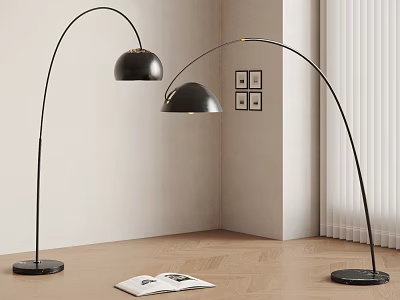 Black Arched Floor Lamps with Round Base Open Book Nearby Light Wall Wooden Floor 3d model