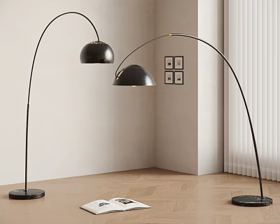 Black Arched Floor Lamps with Round Base Open Book Nearby Light Wall Wooden Floor 3d model