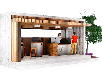 Modern Roadside Rest Station With Wooden Concrete Structure Service Desk Staff And Green Plant 3d model