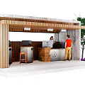 Modern Roadside Rest Station With Wooden Concrete Structure Service Desk Staff And Green Plant