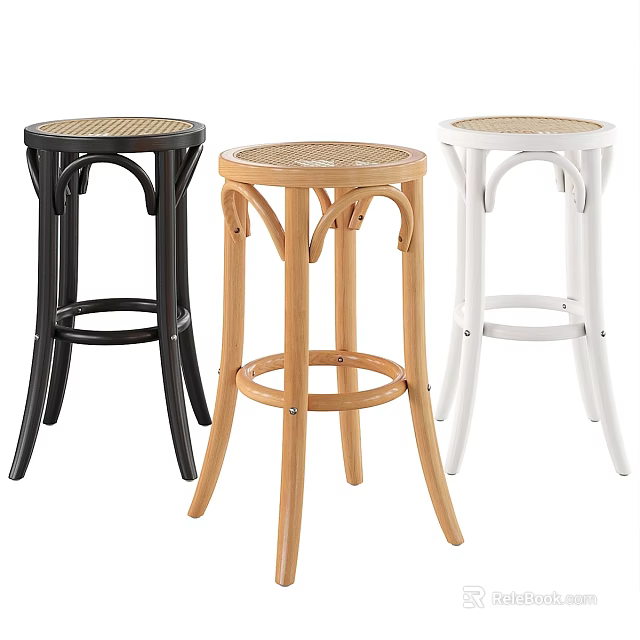 Modern Minimalist Stools With Woven Rattan Seat In Black Wood White Colors For Home Decor 3d model 