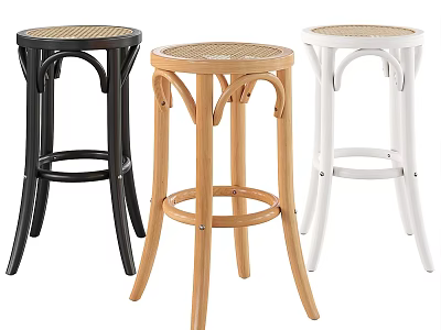 Modern Minimalist Stools With Woven Rattan Seat In Black Wood White Colors For Home Decor 3d model