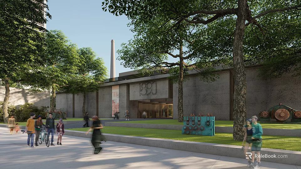 Industrial Factory Building Exterior With Lush Trees Green Lawn People Strolling And Bicycles 3d model 