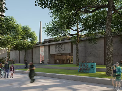Industrial Factory Building Exterior With Lush Trees Green Lawn People Strolling And Bicycles 3d model
