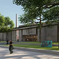 Industrial Factory Building Exterior With Lush Trees Green Lawn People Strolling And Bicycles