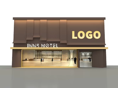 Modern Motel Facade Design With Brown Awning And Inn Motel Logo Sign 3d model