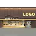 Modern Motel Facade Design With Brown Awning And Inn Motel Logo Sign