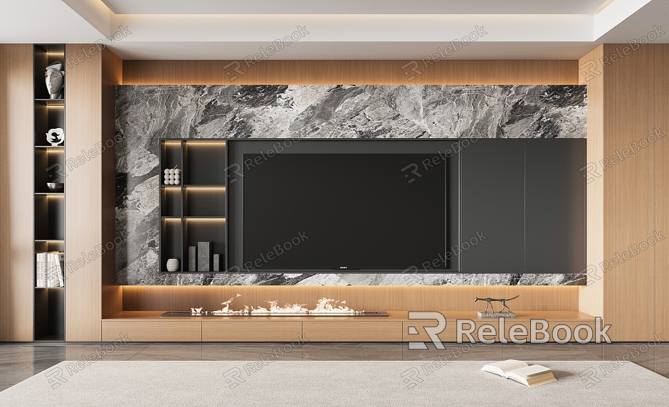 Light luxury TV background wall living room stone wood model