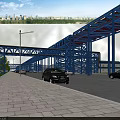 Modern Road Infrastructure Featuring Blue Steel Overpass Street Lamp Vehicles And Paved Walkway