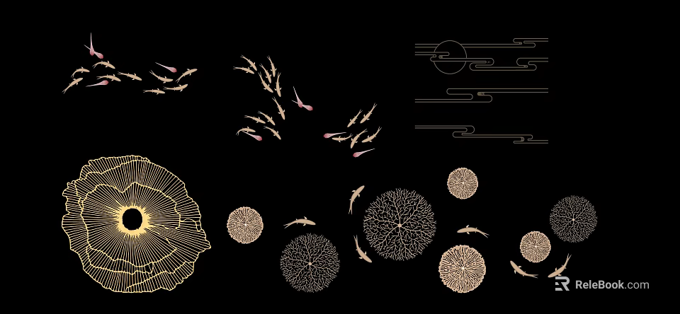 Golden Wall Decor With Flying Birds Circular Patterns And Cloud Motifs 3d model