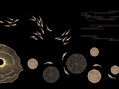 Golden Wall Decor With Flying Birds Circular Patterns And Cloud Motifs 3d model