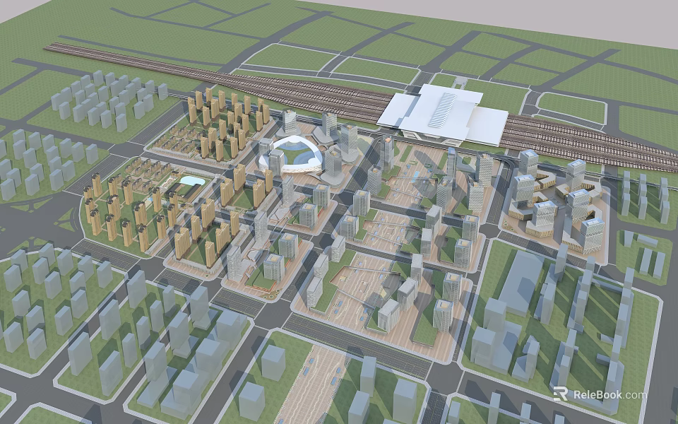 Modern Aerial Planning of Urban Layout with Mixed Buildings Transportation Hubs and Green Areas 3d model 
