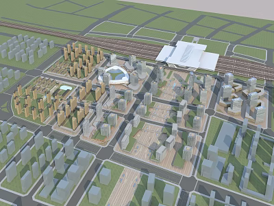 Modern Aerial Planning of Urban Layout with Mixed Buildings Transportation Hubs and Green Areas 3d model