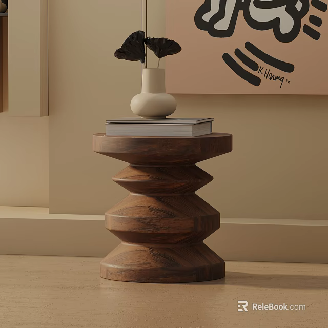 Wooden Side Table with Spiral Design White Vase Black Flowers and Books 3d model 