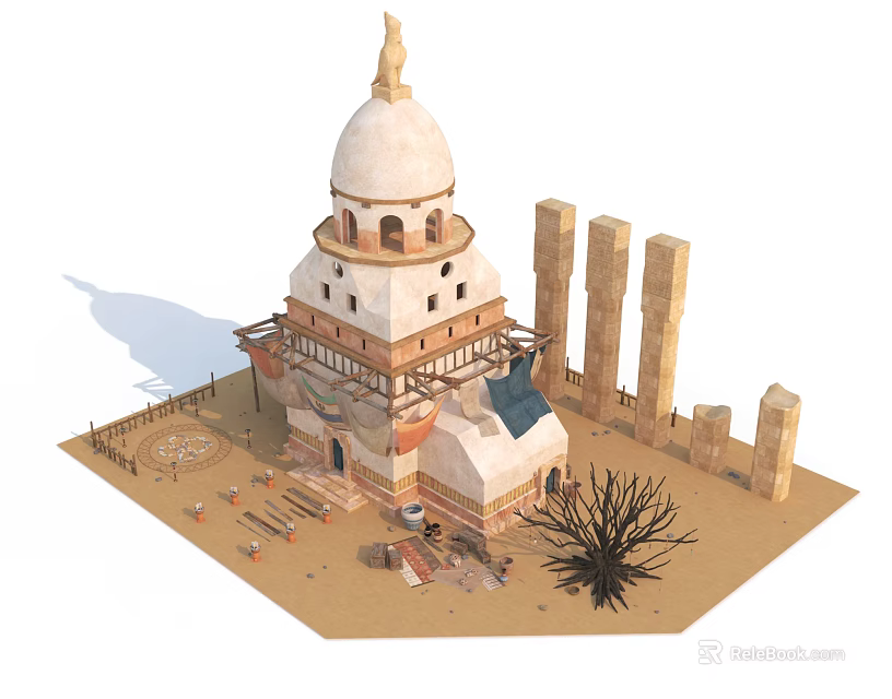 Cartoon Scene With Ancient Building Dome Multi Level Structure Columns Withered Tree And Sandy Ground 3d model