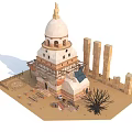 Cartoon Scene With Ancient Building Dome Multi Level Structure Columns Withered Tree And Sandy Ground 3d model