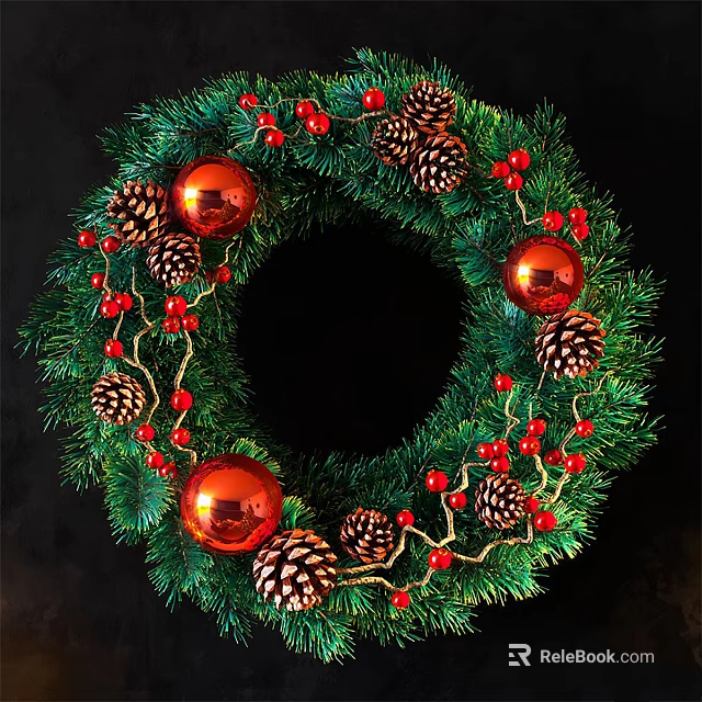 Festive Christmas Wreath With Green Foliage Red Ornaments Pine Cones And Berries 3d model 