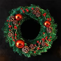Festive Christmas Wreath With Green Foliage Red Ornaments Pine Cones And Berries