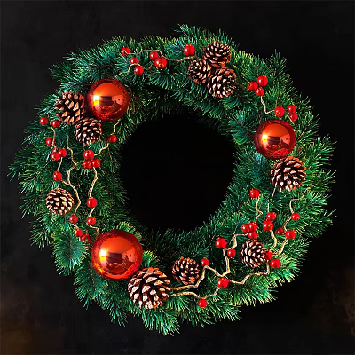 Festive Christmas Wreath With Green Foliage Red Ornaments Pine Cones And Berries 3d model