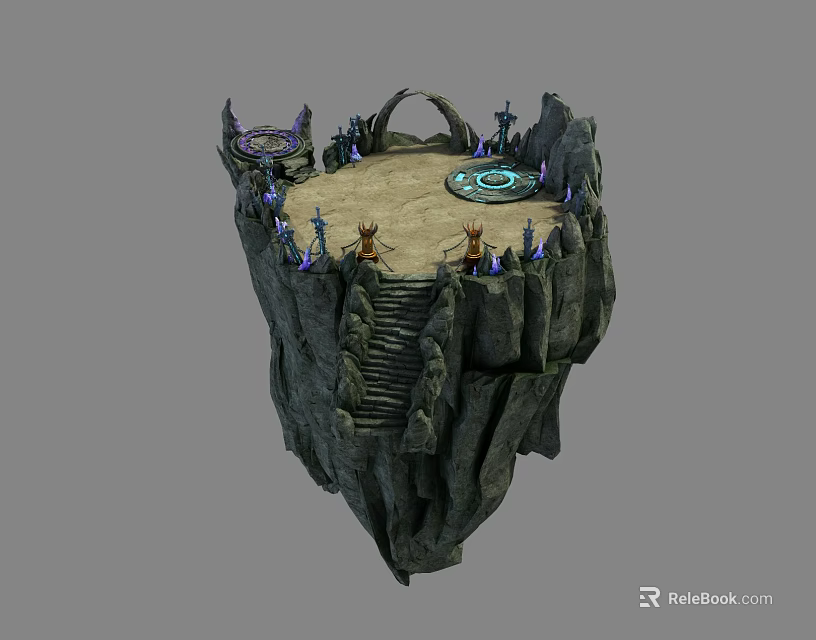 Cartoon Scene Floating Rock Platform With Circular Blue Magic Circle Characters Stone Stairs And Archway 3d model 