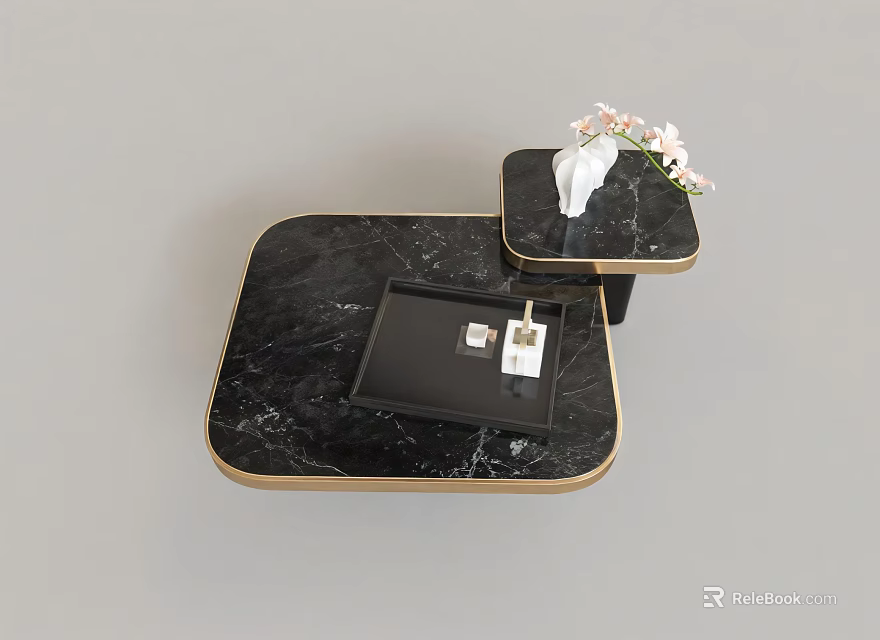 Luxury Black Marble Coffee Table With Golden Edges And Side Table With White Flowers 3d model 