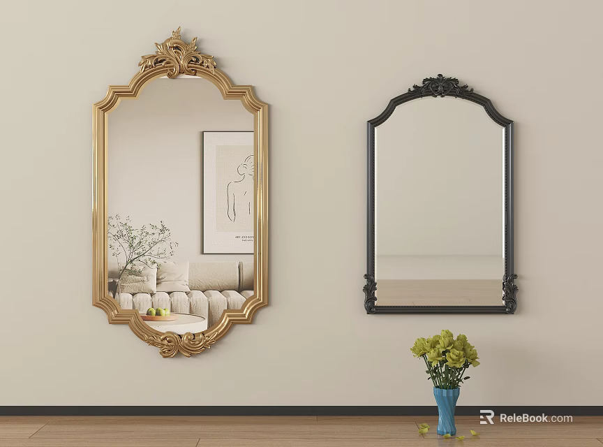 Decorative Mirrors Gold And Black Frames In Living Room Interior Sofa Flower Vase Wall Art 3d model 