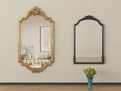 Decorative Mirrors Gold And Black Frames In Living Room Interior Sofa Flower Vase Wall Art 3d model