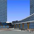 Modern Urban Commercial Street Scene With Glass Facades Pedestrians Trees Benches And Bright Atmosphere
