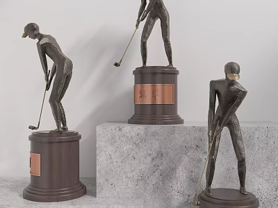 Golf Trophy Figurines Of Players With Clubs On Brown Bases And Copper Nameplates 3d model
