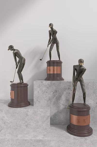 Golf Trophy Figurines Of Players With Clubs On Brown Bases And Copper Nameplates 3d model Golf Trophy Figurines Of Players With Clubs On Brown Bases And Copper Nameplates 3d model