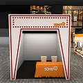 Black Metal Frame Stage Setup With Stage Lights SOHO BAR Backdrop Colorful Graphics And White Platform