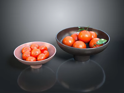 Fresh Tangerines in Two Bowls with Green Leaves on Dark Reflective Surface 3d model