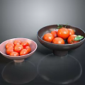 Fresh Tangerines in Two Bowls with Green Leaves on Dark Reflective Surface