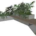 Outdoor Bench In Natural Modern Style With Concrete Wooden Frame And Green Plants Palm Ferns