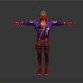 Man In Blue Jacket Standing With Arms Outstretched Decorative Cuffs Dark Pants Orange Shoes