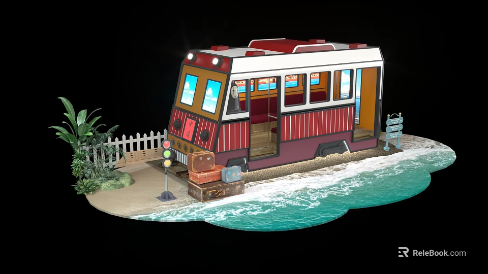 Colorful Beachside Dining Car With White Picket Fence Suitcase Plant And Waves 3d model 